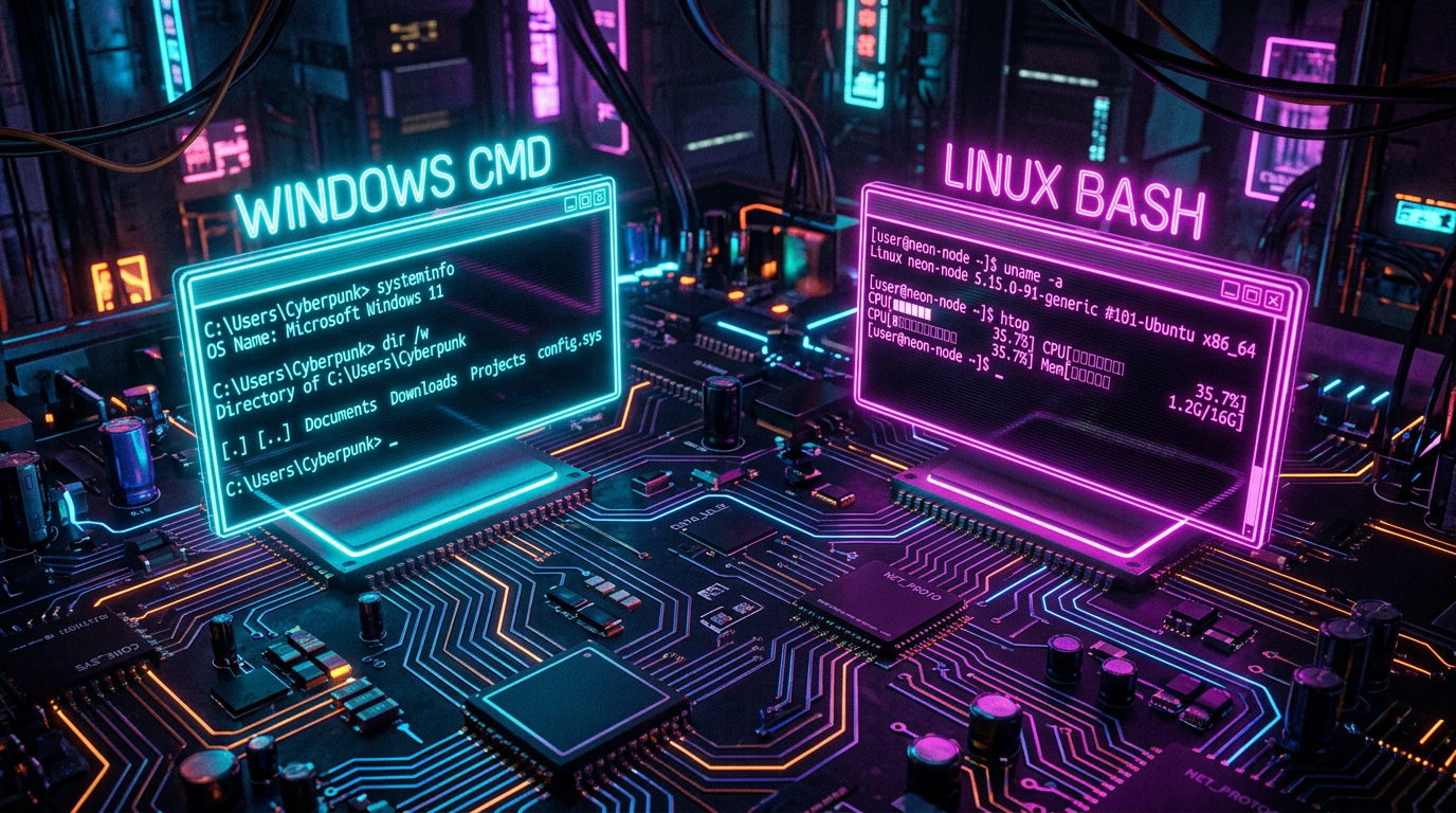Neon glowing Windows CMD and Linux Bash terminal screens on a computer motherboard